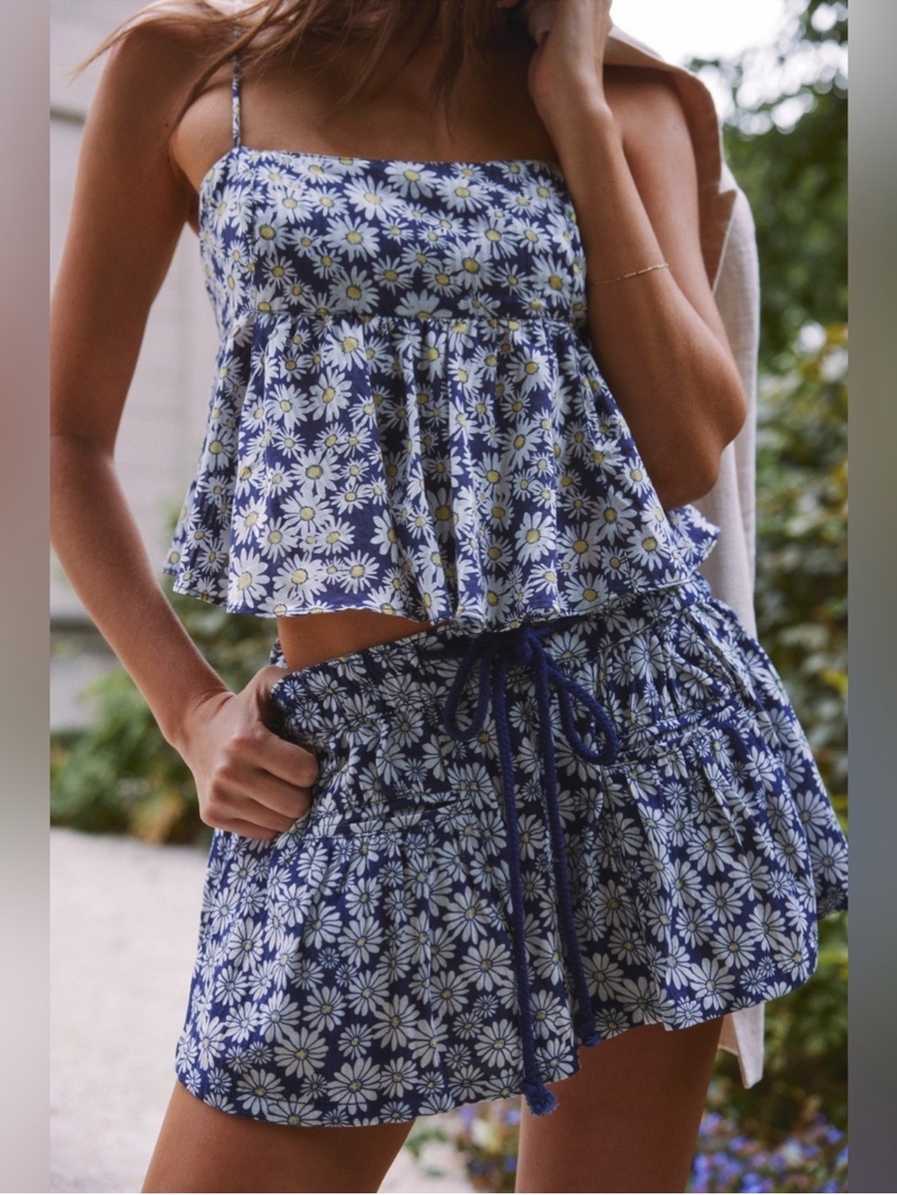Free People Mia Printed Tank Top S NWT Navy Daisy Floral Peplum Open Back Tie